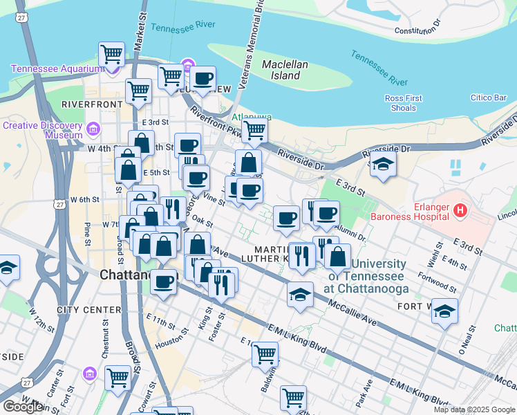 map of restaurants, bars, coffee shops, grocery stores, and more near 541 Vine Street in Chattanooga