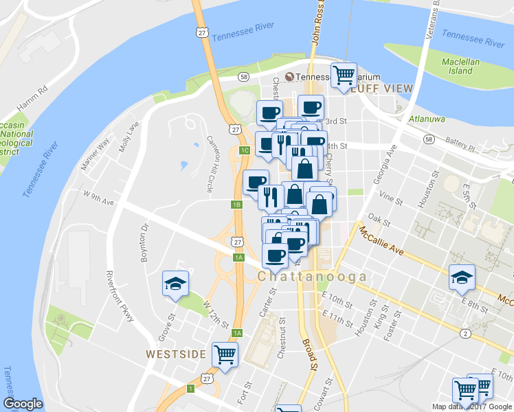 map of restaurants, bars, coffee shops, grocery stores, and more near in Chattanooga