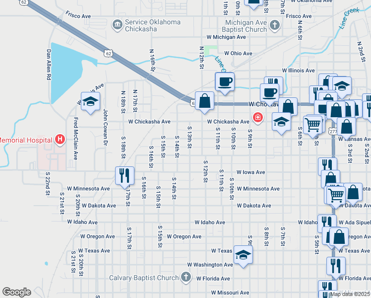 map of restaurants, bars, coffee shops, grocery stores, and more near 1308 West Colorado Avenue in Chickasha