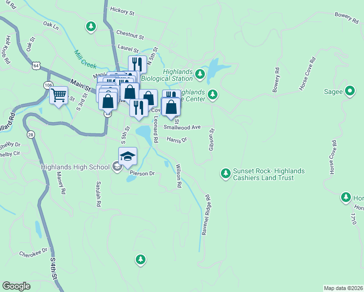 map of restaurants, bars, coffee shops, grocery stores, and more near 1101 Wilson Road in Highlands