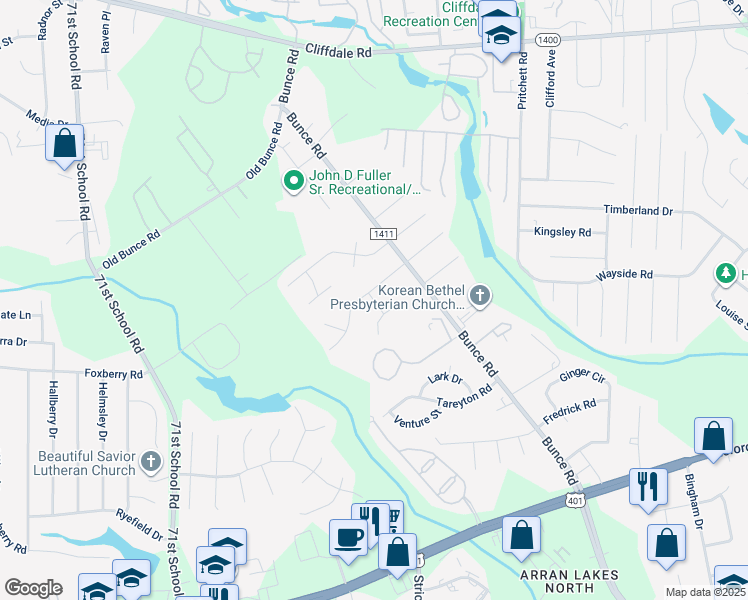 map of restaurants, bars, coffee shops, grocery stores, and more near Vermont Street in Fayetteville