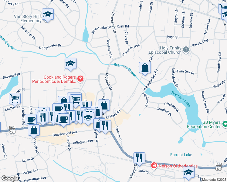 map of restaurants, bars, coffee shops, grocery stores, and more near 455 McBain Drive in Fayetteville