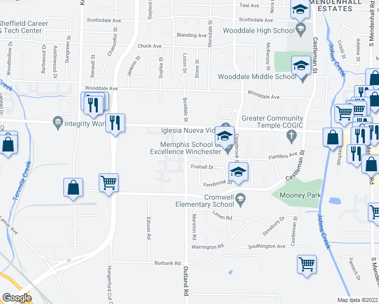 map of restaurants, bars, coffee shops, grocery stores, and more near 3650 Outland Road in Memphis
