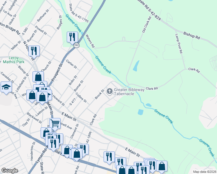 map of restaurants, bars, coffee shops, grocery stores, and more near 280 Brock Street in Inman