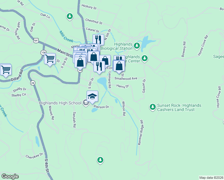 map of restaurants, bars, coffee shops, grocery stores, and more near 1185 Leonard Road in Highlands