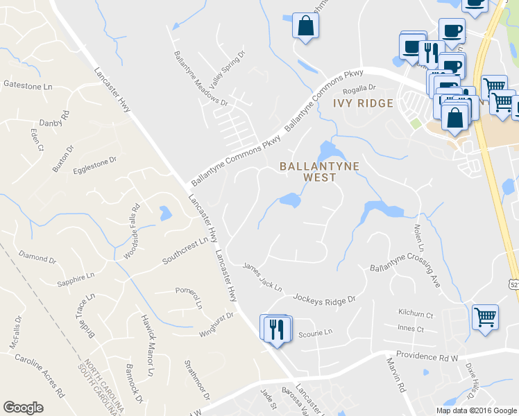 map of restaurants, bars, coffee shops, grocery stores, and more near 11722 James Jack Lane in Charlotte