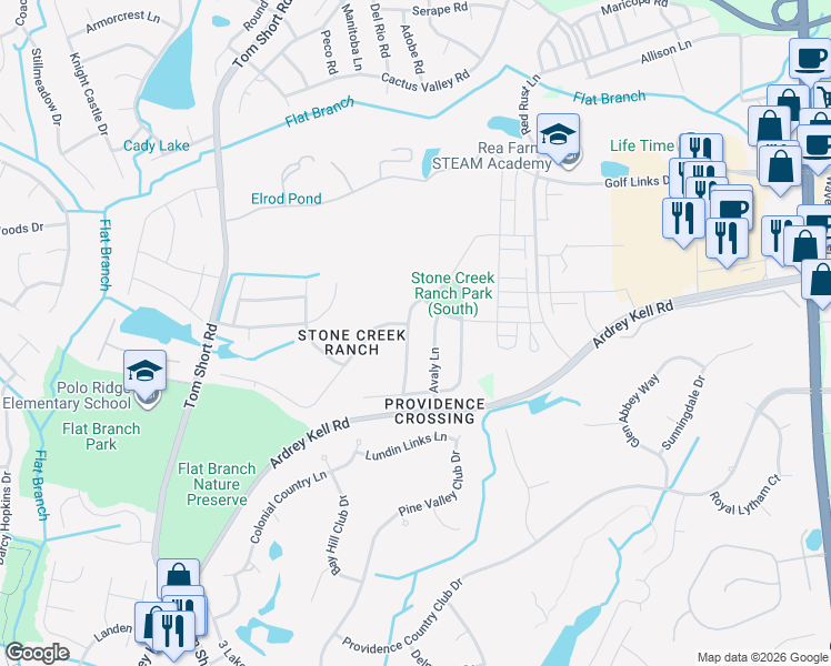 map of restaurants, bars, coffee shops, grocery stores, and more near 11510 Wheat Ridge Road in Charlotte