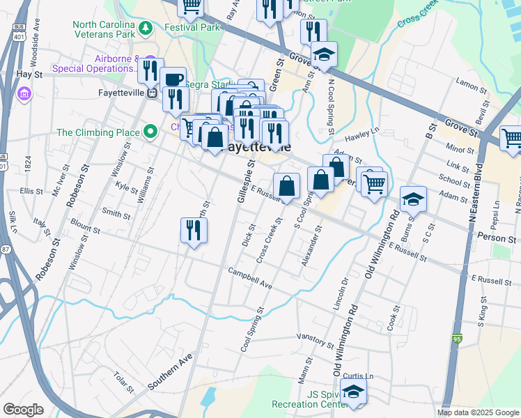 map of restaurants, bars, coffee shops, grocery stores, and more near 225 Dick Street in Fayetteville