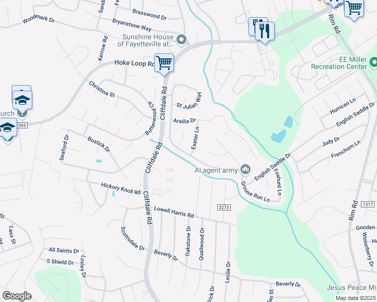 map of restaurants, bars, coffee shops, grocery stores, and more near 6869 Saint Julian Way in Fayetteville