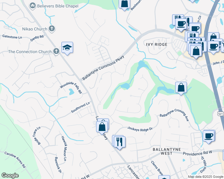 map of restaurants, bars, coffee shops, grocery stores, and more near 11722 James Jack Lane in Charlotte