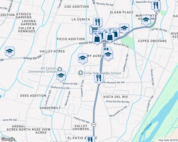 map of restaurants, bars, coffee shops, grocery stores, and more near 1829 Escuela Road Southwest in Albuquerque