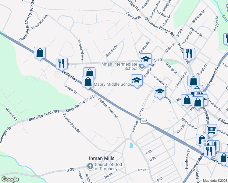 map of restaurants, bars, coffee shops, grocery stores, and more near 12820 Asheville Highway in Inman