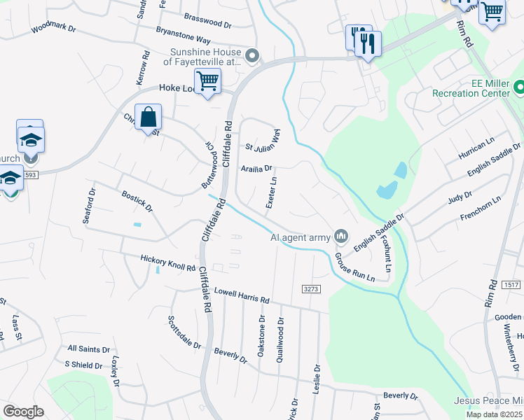 map of restaurants, bars, coffee shops, grocery stores, and more near 6869 Saint Julian Way in Fayetteville