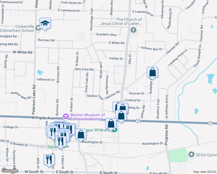 map of restaurants, bars, coffee shops, grocery stores, and more near 344 Homeville Road in Collierville