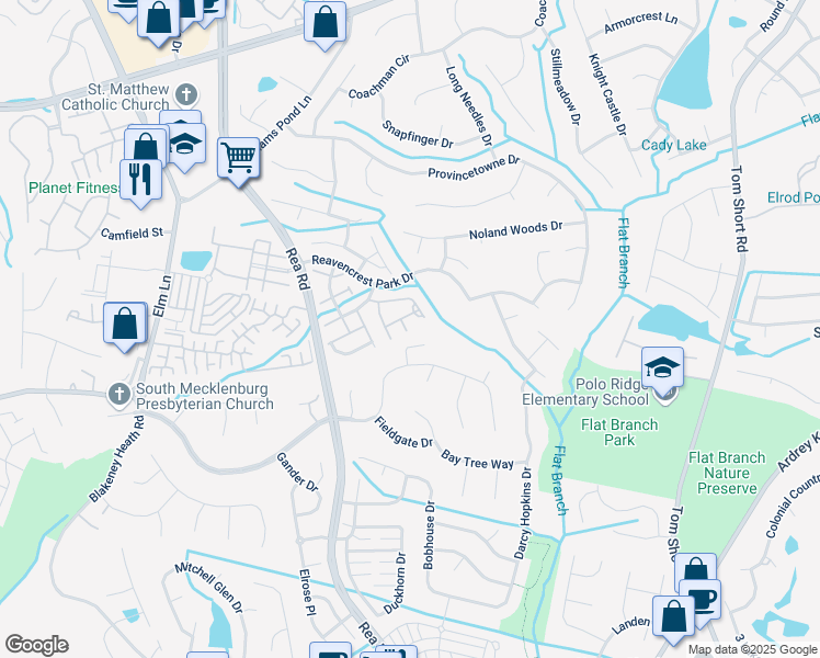 map of restaurants, bars, coffee shops, grocery stores, and more near 12419 Crowley Court in Charlotte