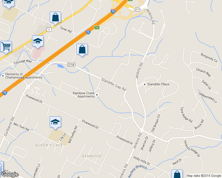 map of restaurants, bars, coffee shops, grocery stores, and more near 7616 Standifer Gap Road in Chattanooga