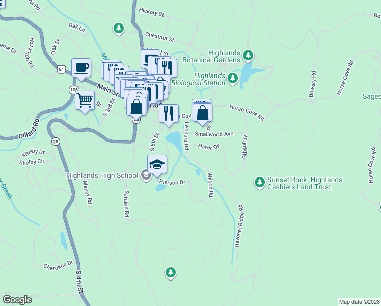 map of restaurants, bars, coffee shops, grocery stores, and more near 1185 Leonard Road in Highlands
