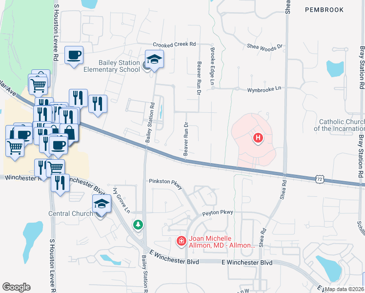 map of restaurants, bars, coffee shops, grocery stores, and more near 10254 Crystal Creek Cove East in Collierville