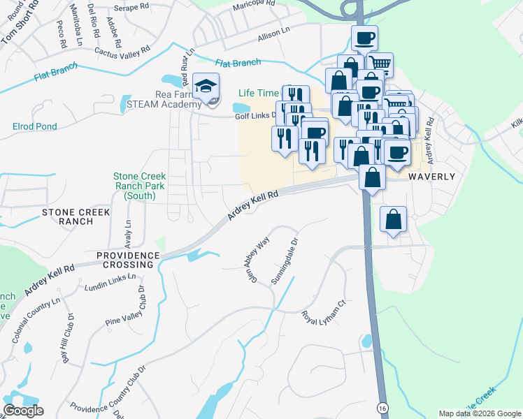map of restaurants, bars, coffee shops, grocery stores, and more near 6849 Fairway Row Lane in Charlotte