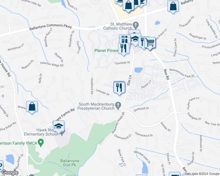map of restaurants, bars, coffee shops, grocery stores, and more near 8725 Robinson Forest Drive in Charlotte