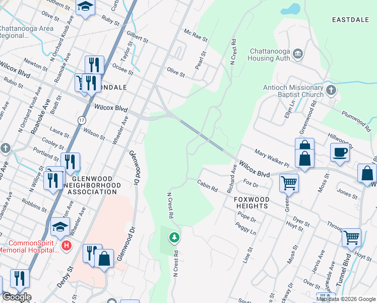 map of restaurants, bars, coffee shops, grocery stores, and more near 300 N Crest Rd in Chattanooga