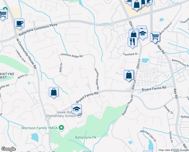 map of restaurants, bars, coffee shops, grocery stores, and more near 8710 Houston Ridge Road in Charlotte