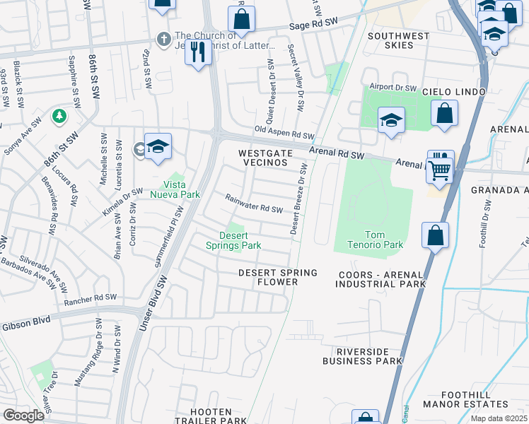map of restaurants, bars, coffee shops, grocery stores, and more near 7515 Desert Canyon Place Southwest in Albuquerque