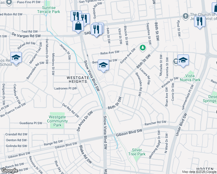map of restaurants, bars, coffee shops, grocery stores, and more near 9412 Camino San Martin Southwest in Albuquerque