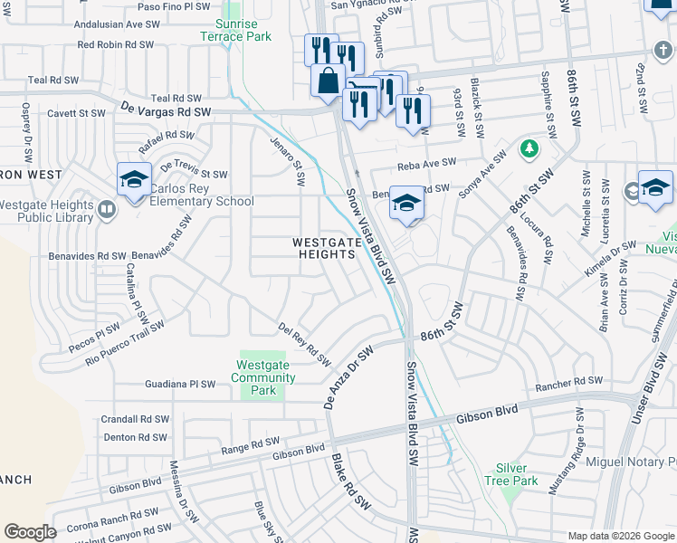 map of restaurants, bars, coffee shops, grocery stores, and more near 1320 Amole Vista Street Southwest in Albuquerque