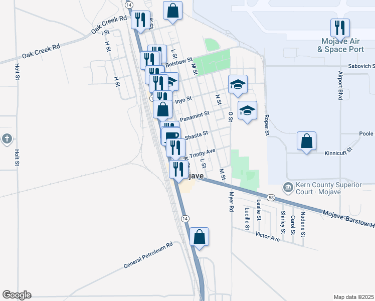 map of restaurants, bars, coffee shops, grocery stores, and more near 15615 K Street in Mojave