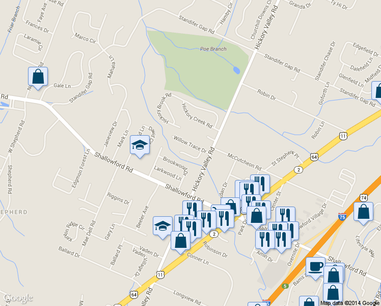map of restaurants, bars, coffee shops, grocery stores, and more near 6720 Willow Brook Drive in Chattanooga