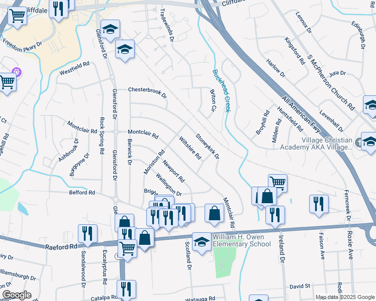 map of restaurants, bars, coffee shops, grocery stores, and more near 738 Wiltshire Road in Fayetteville