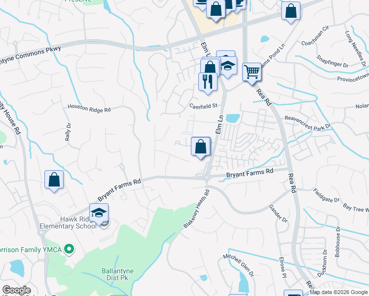 map of restaurants, bars, coffee shops, grocery stores, and more near 8725 Robinson Forest Drive in Charlotte