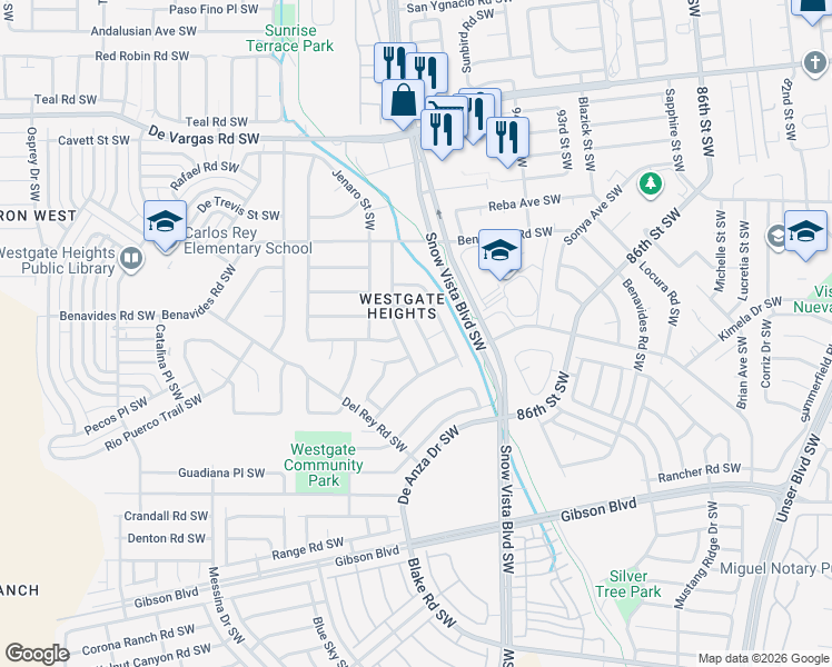 map of restaurants, bars, coffee shops, grocery stores, and more near 1320 Amole Vista Street Southwest in Albuquerque