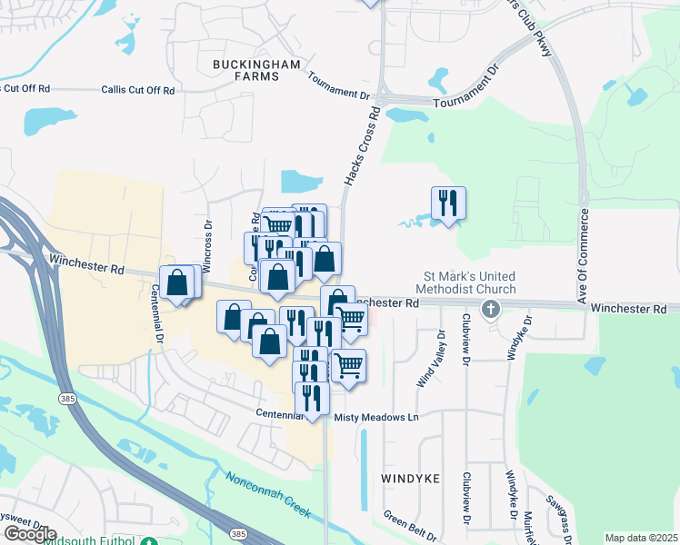 map of restaurants, bars, coffee shops, grocery stores, and more near 3660 Hacks Cross Road in Memphis