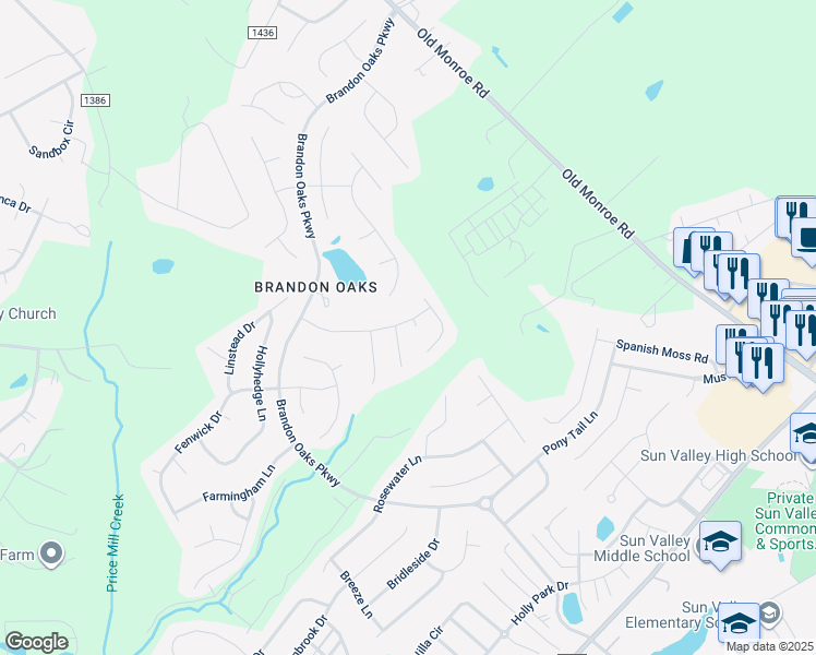 map of restaurants, bars, coffee shops, grocery stores, and more near 7510 Pinnacle Court in Indian Trail