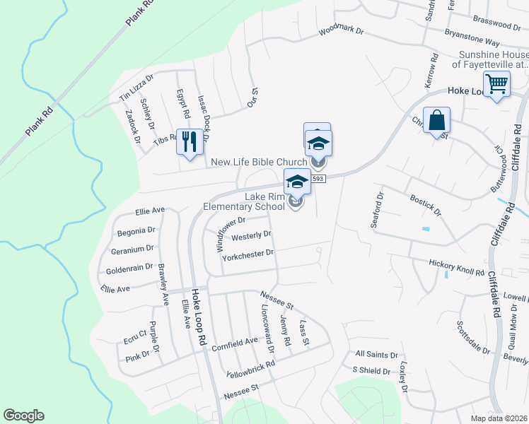 map of restaurants, bars, coffee shops, grocery stores, and more near 5001 Windflower Drive in Fayetteville