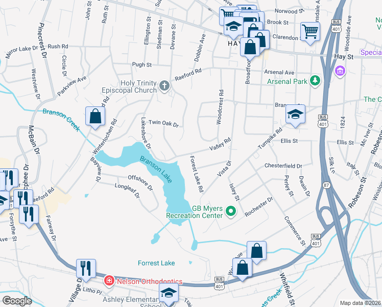 map of restaurants, bars, coffee shops, grocery stores, and more near 401 Valley Road in Fayetteville