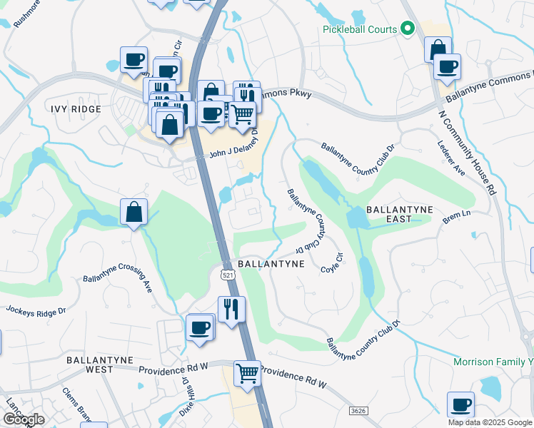 map of restaurants, bars, coffee shops, grocery stores, and more near 14610 Ballantyne Lake Road in Charlotte