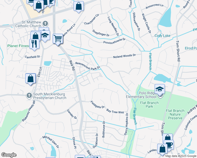 map of restaurants, bars, coffee shops, grocery stores, and more near 12411 Crowley Court in Charlotte