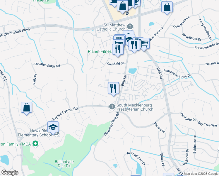 map of restaurants, bars, coffee shops, grocery stores, and more near 11905 Kings Castle Court in Charlotte