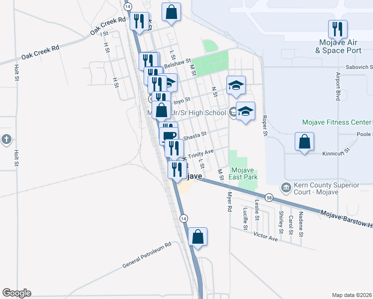 map of restaurants, bars, coffee shops, grocery stores, and more near 15628 K Street in Mojave