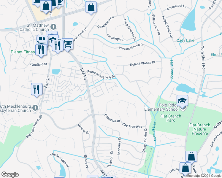 map of restaurants, bars, coffee shops, grocery stores, and more near 12404 Crowley Court in Charlotte