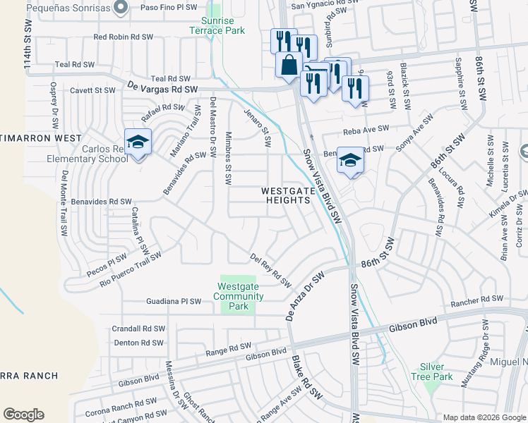 map of restaurants, bars, coffee shops, grocery stores, and more near 10012 Ladrones Place in Albuquerque