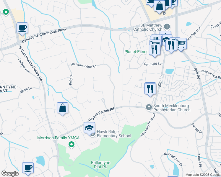 map of restaurants, bars, coffee shops, grocery stores, and more near 8723 Houston Ridge Road in Charlotte