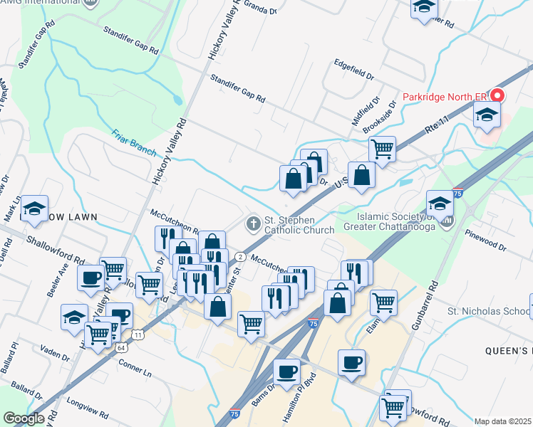 map of restaurants, bars, coffee shops, grocery stores, and more near 7127 Lee Highway in Chattanooga