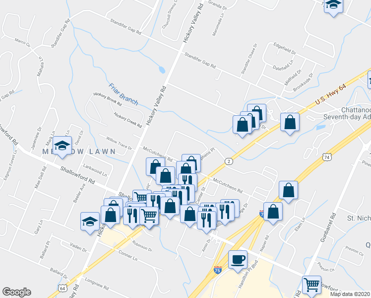 map of restaurants, bars, coffee shops, grocery stores, and more near 6839 McCutcheon Road in Chattanooga