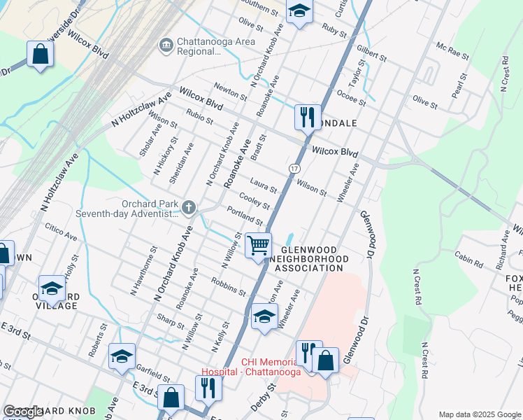 map of restaurants, bars, coffee shops, grocery stores, and more near 1059 Tennessee 17 in Chattanooga