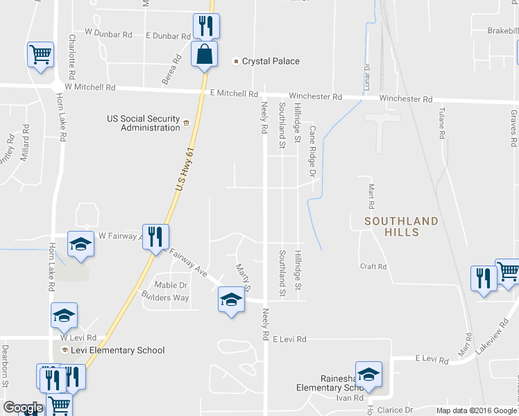 map of restaurants, bars, coffee shops, grocery stores, and more near 3651 Neely Road in Memphis