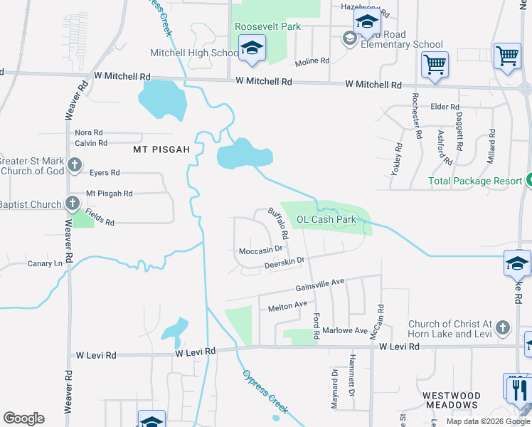 map of restaurants, bars, coffee shops, grocery stores, and more near 3649 Buffalo Road in Memphis
